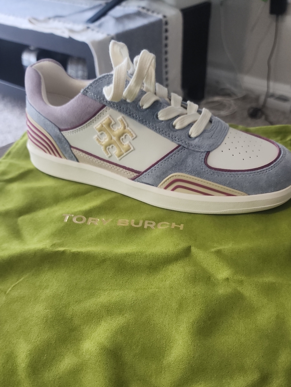 Tory Burch Suede and Leather Low-Top Sneaker in Light Blue, Cream and Pink - Picture 2 of 15